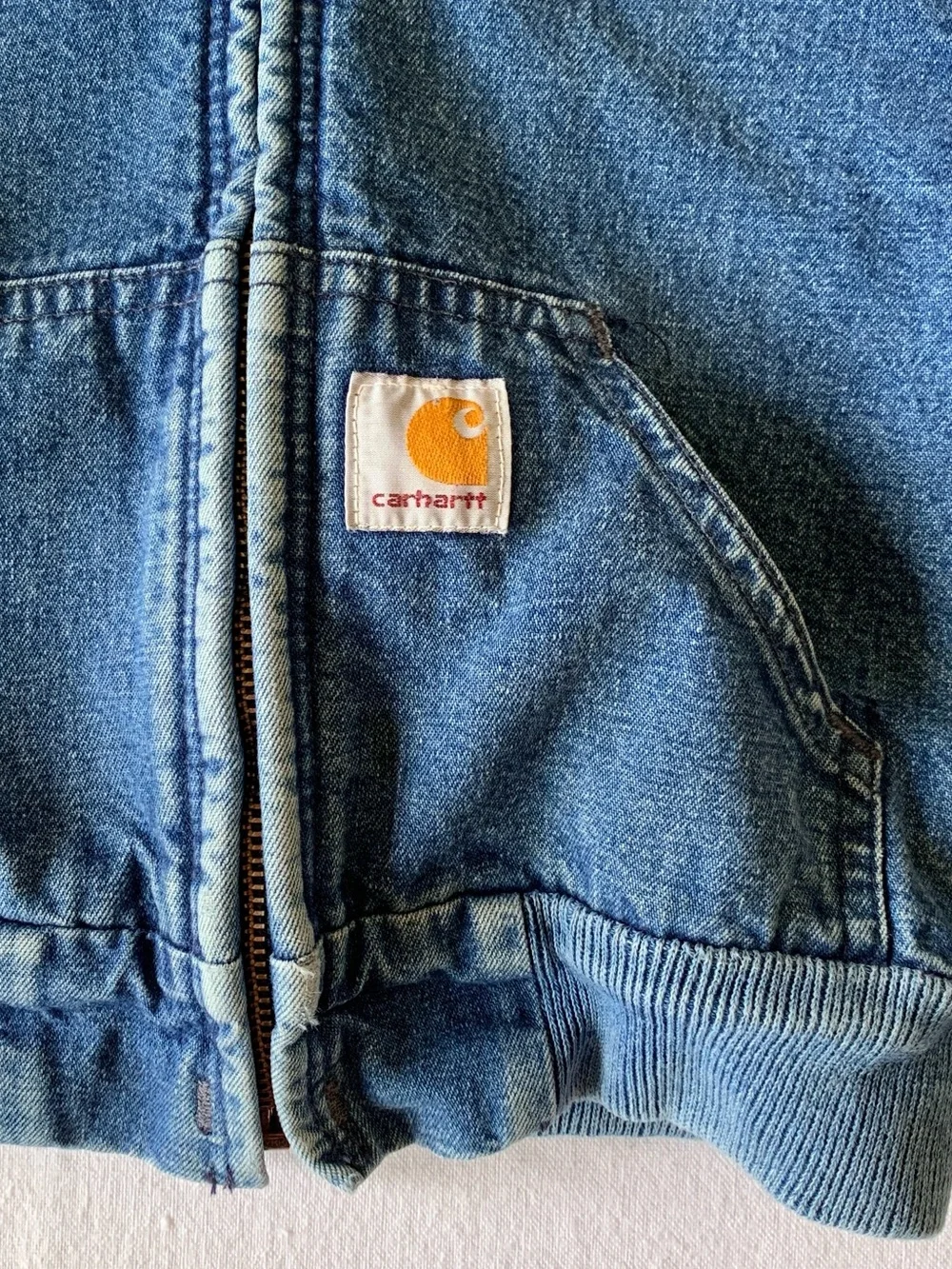 Carhartt Vintage Blanket Lined Blue Jean Denim Kid’s Hooded Jacket Chore Coat 3T